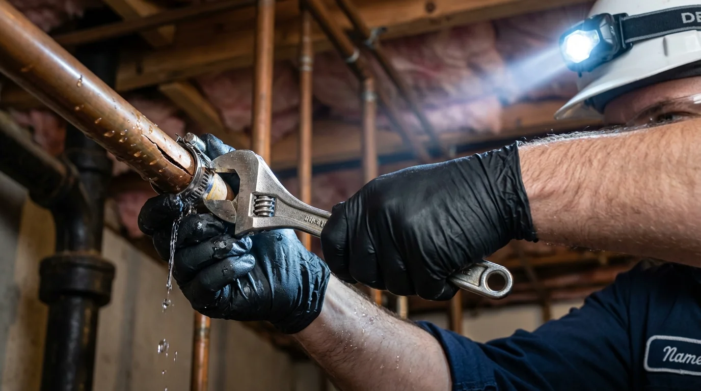 Emergency pipe clamp repair being performed by a Johns Plumbing LLC plumber in Pocatello