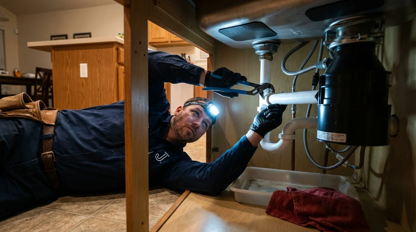 P-trap and supply line connections under a kitchen sink showing a common leak point in Pocatello, ID